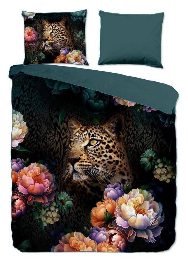 Cheqo® Luxe Satijnen Dekbedovertrek 240x220 cm - Bloemen en Luipaard Print - Multi - 2 Persoons - 100% Katoen-Satijn