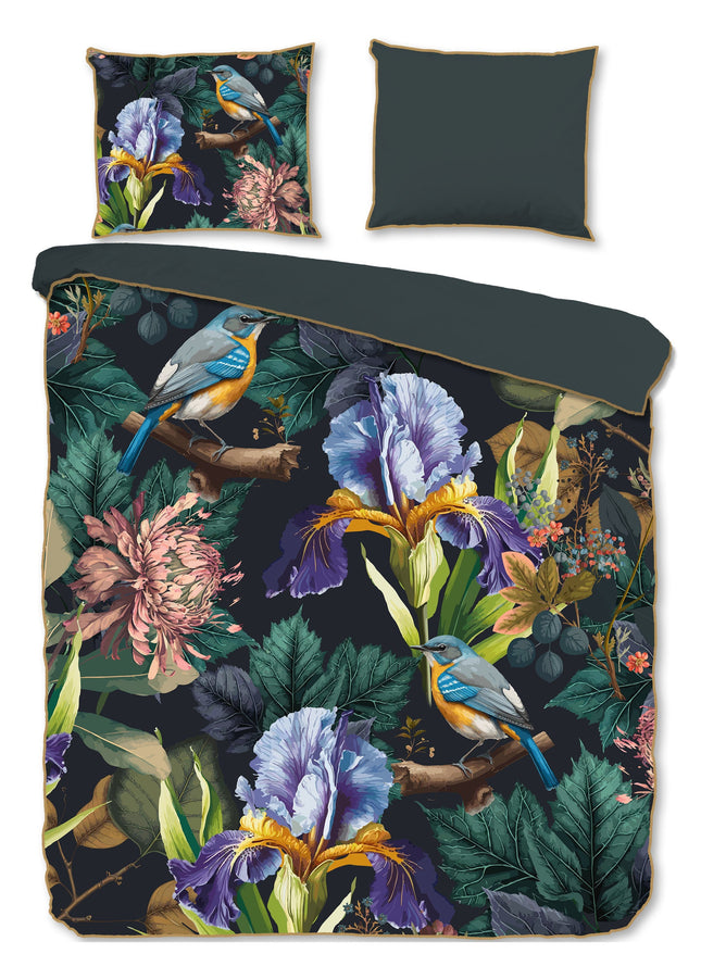 Cheqo® Luxe Satijnen Dekbedovertrek 240x220 cm - Bloemen en Vogels Print - Antraciet - 2 Persoons - 100% Katoen-Satijn