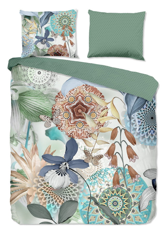 Cheqo® Luxe Satijnen Dekbedovertrek 240x220 cm - Mandala's en Bladeren Print - Multi - 2 Persoons - 100% Katoen-Satijn