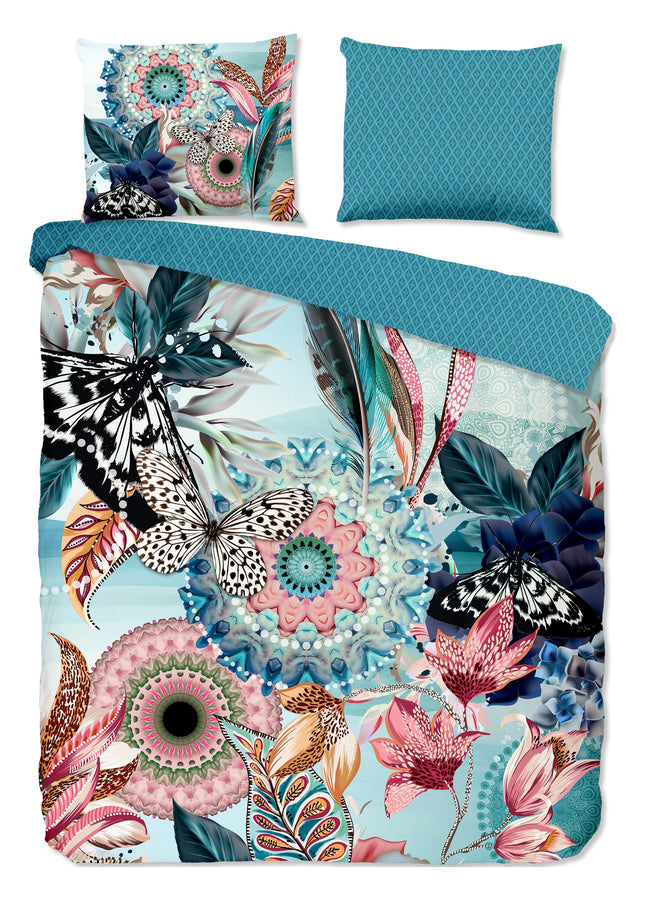 Cheqo® Luxe Satijnen Dekbedovertrek 240x220 cm - Mandala's en Bloemen Print - Aqua - 2 Persoons - 100% Katoen-Satijn