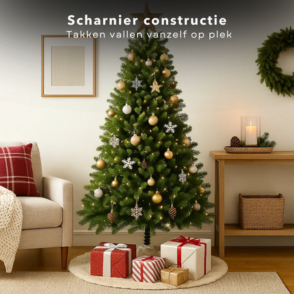 Cheqo® Kunstkerstboom - Groene Kerstboom - PE Naalden - Luxe Uitstraling - Realistische Naalden - Scharnierconstructie - Snel Op Te Zetten - Kerstboom 210 CM - Voorgevormde Takken - Kerstdecoratie - Duurzame Kerstboom - 1448 Takken