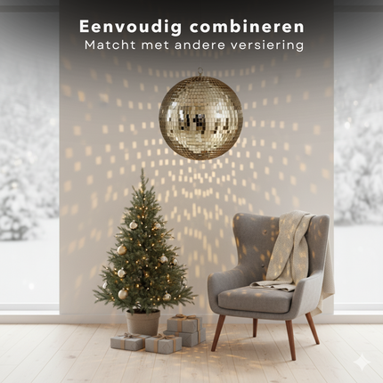 Cheqo® Kerst Discobal - Spiegelbol 30 CM - Champagnekleurig Spiegelglas - Disco Bal Bruin - Eenvoudig Op Te Hangen - Kerstversiering - Feestdagen Decoratie - Discobal Ornament - Spiegelglas Discobal - Kerstdecoratie