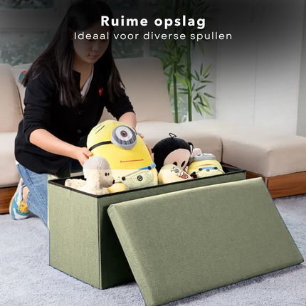 Cheqo® Opvouwbare Poef Met Opbergruimte - Groen - Grote Opbergbox - Organizer - Voetenbankje - Hocker - MDF en Katoen