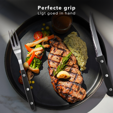 Cheqo® BBQ Steakmessen en Vorken Set - Steakmes - Barbecue Bestek - 8-delig - RVS Zwart - Perfect voor BBQ