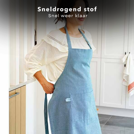 Cheqo® Blauw Katoen Keukenschort - Kookschort - Schort - Verstelbaar Unisex - Met Zakken - Duurzaam Koken