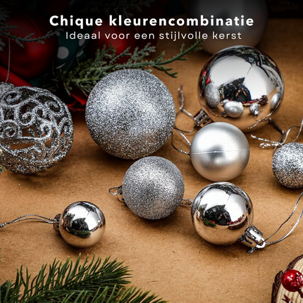 Cheqo® 111-delige Kerstballenset - Kerstballen Set - Onbreekbaar Polystyreen - Zilver - Diverse Maten