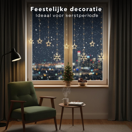 Cheqo® Kerstverlichting Lichtgordijn - Sterren En Sneeuwvlokken - 120x120 cm - Op Batterijen - Warm Wit Licht - 120 Micro LED - Automatische Timer - 8 Lichtfuncties - IP44 - Buiten En Binnen Gebruik - Kerstdecoratie - Lichtnet