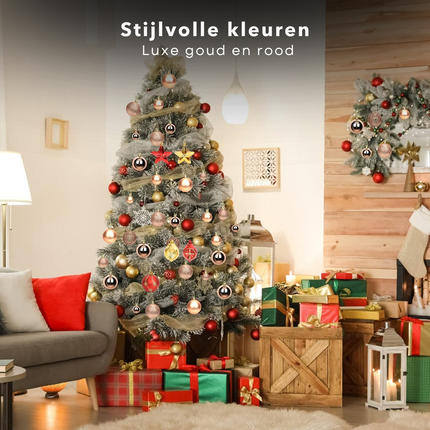 Cheqo® 108-delige Kerstballenset - Kerstballen Set - Onbreekbare Kerstdecoratie - Goud en Rood - Kunststof Ornamenten