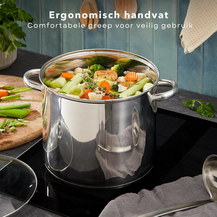 Cheqo® RVS Kookpan 9L - Pan - Soeppan met Glazen Deksel - Geschikt voor Gas en Inductie - Roestvrij Staal