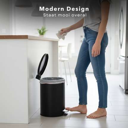 Cheqo® Pedaalemmer 5 Liter - Mat Zwarte Prullenbak - Badkamer Prullenbak - Toilet Afvalbak - Kleine Pedaalemmer - Metalen Pedaalemmer - Anti-Slip Bodem - Uitneembare Binnenemmer - Pedaalemmer Voor Badkamer - Pedaalemmer Voor Toilet