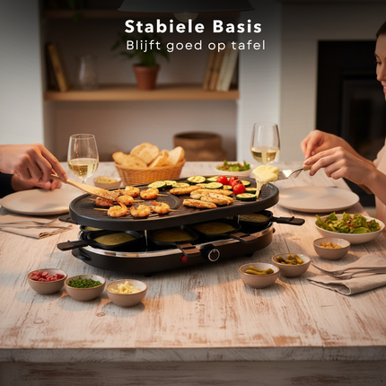 Cheqo® Raclette Grill 8 Personen - Compacte Raclette Grill - Stalen Grillplaat - Antiaanbaklaag - PFAS-Vrij - Gourmet - Gourmetten - Anti-Slip Voetjes - Houten Spatels - Eenvoudig Te Reinigen