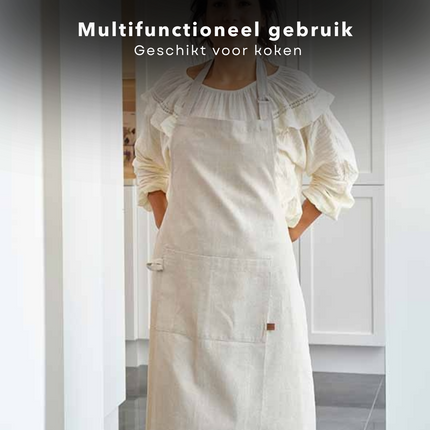 Cheqo® Beige Katoen Keukenschort - Kookschort - Schort - Verstelbaar Unisex - Met Zakken - Duurzaam Koken