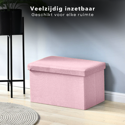 Cheqo® Opvouwbare Poef Met Opbergruimte - Roze - Grote Opbergbox - Organizer - Voetenbankje - Hocker - MDF en Katoen