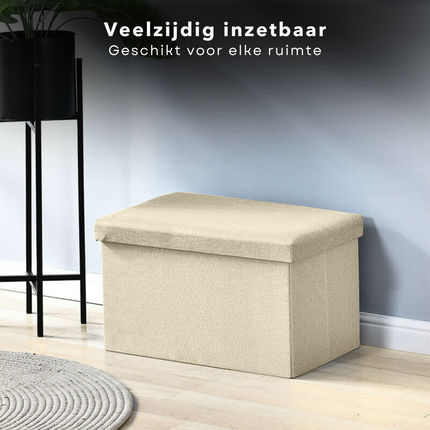 Cheqo® Opvouwbare Poef Met Opbergruimte - Beige - Grote Opbergbox - Organizer - Voetenbankje - Hocker - MDF en Katoen