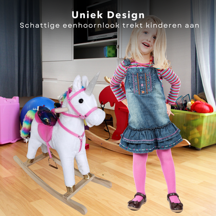 Cheqo® Pluche Eenhoorn Hobbelpaard - Schommelpaard - Unicorn met Geluidseffecten - Zacht en Veilig
