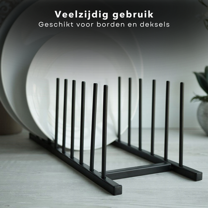 Cheqo® Zwart Metalen Bordenhouder - Pannendeksel Houder - Dekselhouder - Keuken Organizer - Afdruiprek