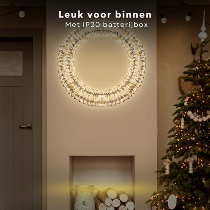 Cheqo® Verlichte Gouden Kerstkrans - 50 LED - Deurkrans Goud met LED - Kerstkrans met Kerstlampjes - Ø30 cm - Warm Wit LED - Binnen