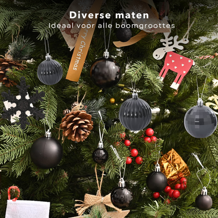 Cheqo® Zwarte Kerstballen Set - Duurzaam Kunststof - Verschillende Maten - Lichtgewicht Decoratie