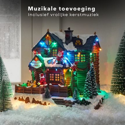 Cheqo® Kersthuisje Polyresin - Kersthuis - Kerstdecoratie Huisje - Kersttafereel - Kerstdorp Huis - Verlicht en Muziek -Draaiende Rendieren