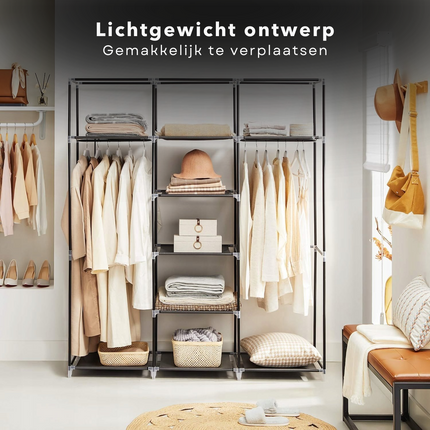 Cheqo® XXL Kledingkast - Opvouwbare Garderobekast - Campingkast - Slaapkamer Kast - Kleerkast - Zwart - Metalen Frame