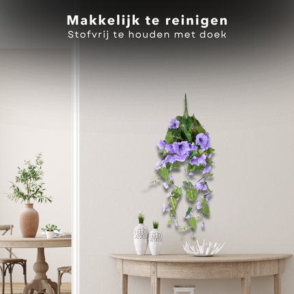 Cheqo® Hangende Kunstbloem Petunia - Hangende Plant - Klimop - Decoratieve Kunsttak - Paars Groen - Perfect voor Interieur