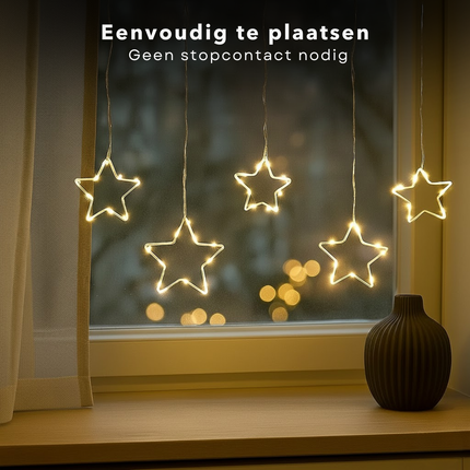Cheqo® Lichtgordijn Kerststerren - Kerst Lichtgordijn - Licht Gordijn - Warm Wit Licht - 45 LED Lampjes - Automatische Timer - Kerst Ster Verlichting - Kerstverlichting Op Batterijen - Kerstlampjes - Kerstdecoratie - Kertster Verlichting