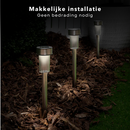 Cheqo® Solar Tuinverlichting Set - Padverlichting - 10 Stuks - RVS - Prikspots - Weerbestendig - Tuinspot met Grondspies Set - Buitenverlichting op Zonne-energie