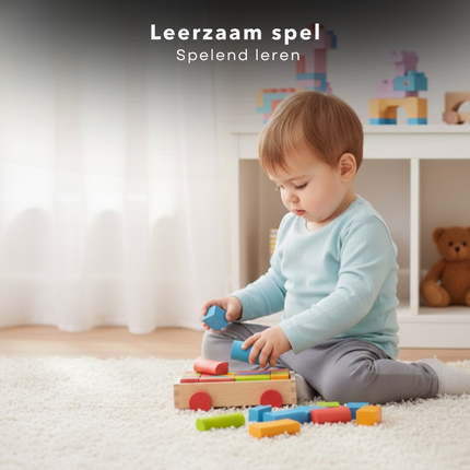 Cheqo® Houten Blokkenkar - Blokkenkar met Blokken - Blokkenkar Speelgoed - Baby Blokkenkar - Blokkenkar voor Peuter - Blokkenkar 20 Blokken