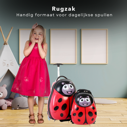 Cheqo® Kinderkoffer en Rugzak Set - Koffer voor Kinderen - Reiskoffer - Trolley met Bijpassende Reiskoffer - Handbagage Vriendelijk - Lieveheersbeestje