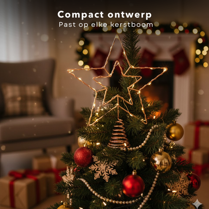 Cheqo® Verlichte Kerstboom Piek - Kerstboom Ster Piek - LED Kerstboom Topper - Gouden Kerstboompiek - LED Kerstster Piek - Kerstversiering Met Verlichting - 30 LED-Lichten - Op Batterij - Lichtgevende Piek voor Kerst - Warme Witte Verlichting