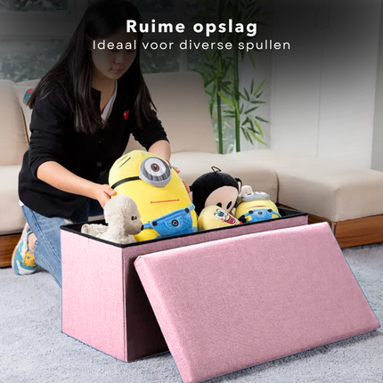Cheqo® Opvouwbare Poef Met Opbergruimte - Roze - Grote Opbergbox - Organizer - Voetenbankje - Hocker - MDF en Katoen