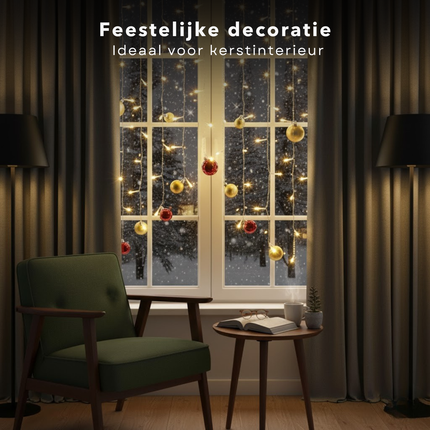 Cheqo® Lichtgordijn Kerstballen - Kerstverlichting Op Batterijen - Warm Wit Licht - 74 LED Lampjes - Automatische Timer - IP-44 - Buiten Geschikt - Kerstdecoratie Binnen - Kerstdecoratie Buiten - Sfeer Verlichting - Lichtnet - Licht Gordijn