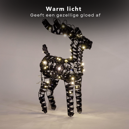 Cheqo® Verlicht Rendier met Kerstverlichting - Kerstlampjes - Zwart Hert Metaal - 37 cm - Microled Timer - Voor Binnen