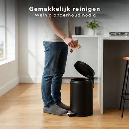 Cheqo® Pedaalemmer 12 Liter - Mat Zwarte Prullenbak - Metalen Pedaalemmer - Kunststof Pedaal - Uitneembare Binnenemmer - Anti-Slip Bodem - Geschikt Voor Keuken - Geschikt Voor Kantoor - Pedaalemmer Met Deksel - Compacte Pedaalemmer