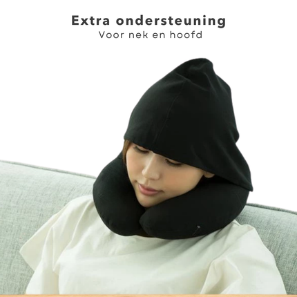 Cheqo® Luxe Nekkussen Vliegtuig en Auto met Capuchon - Reiskussen met Capuchon - Ergonomisch en Wasbaar