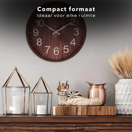 Cheqo® Luxe Wandklok Houtlook - Klok voor aan de Wand - Donkerbruin - 30 cm - Kunststof - Stille Klok