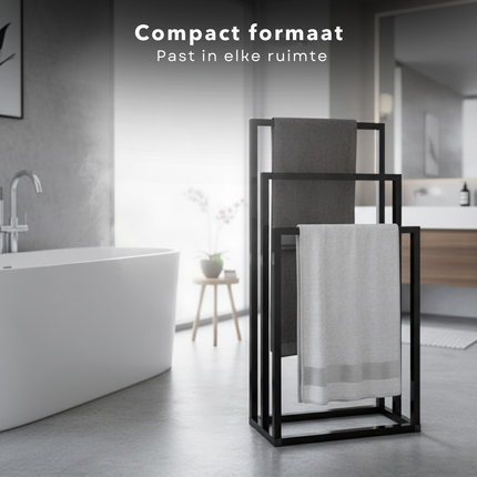 Cheqo® Vrijstaand Handdoekrek - Handdoekenrek Badkamer - Metaal Handdoekrek - Mat Zwart - 3 Niveaus - Anti-Kras Viltdopjes - Industrieel Design - Handdoekrek Zonder Boren