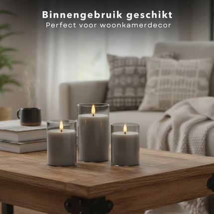Cheqo® LED Kaarsen Set – Inclusief Afstandsbediening – Grijs Glasdesign – Werkt op Batterijen – Timerfunctie – Dimbare Verlichting – Twee Lichtstanden – Decoratieve Kaarsen – Elektrische Kaarsen - LED Kaars