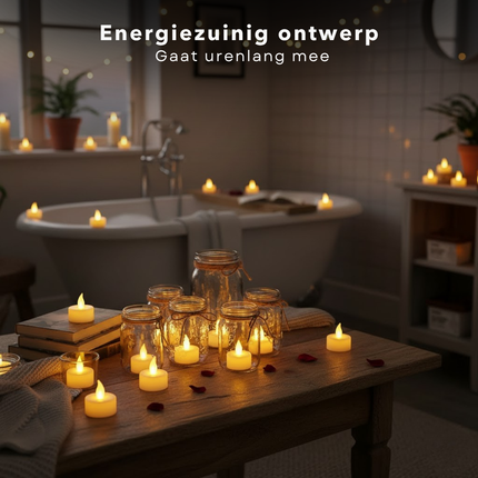 Cheqo® LED Theelichtjes - Theelichtjes Met Timer - Flikkerend Vlammetje - Warm Wit LED - Automatische Uitschakeling - 24 Stuks - Sfeervol Licht - Waxinelichtjes LED - Realistisch Vlammetje - Elektrische Kaarsen
