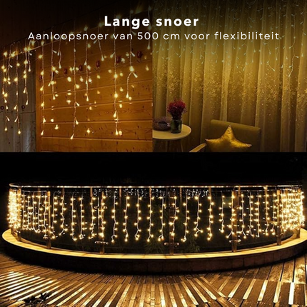 Cheqo® Ijspegel Lichtgordijn voor Buiten en Binnen - Licht Gordijn - Kerstverlichting - Kerstlampjes - Kerstboomverlichting - 300 cm - Warm Wit LED - Met Afstandsbediening - Waterdicht