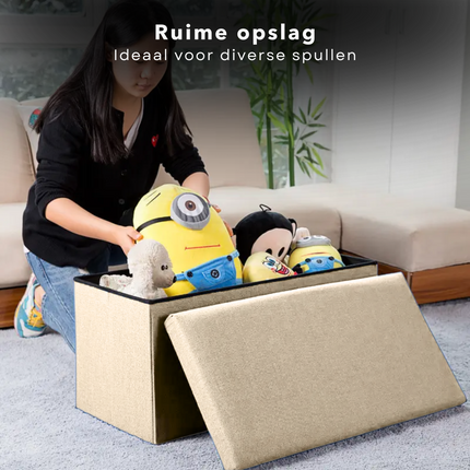 Cheqo® Opvouwbare Poef Met Opbergruimte - Beige - Grote Opbergbox - Organizer - Voetenbankje - Hocker - MDF en Katoen
