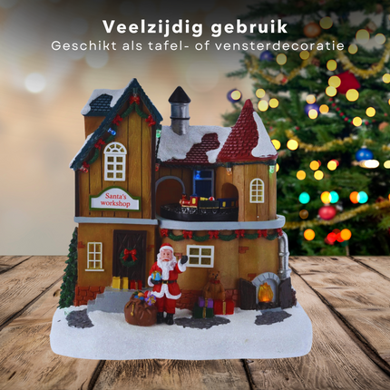 Cheqo® Kersthuisje Polyresin - Kersttafereel - Kerstdorp Huisje - Verlichting & Beweging - LED Trein