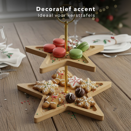 Cheqo® Kerst Etagere - 2 Lagen - Bamboe Etagere - Stervorm Etagere - Kerstdecoratie - Serveertoren - Bamboe En Metaal - Kersttafel Decoratie - Lichtgewicht Etagere - Kerstontbijt - Kerstdiner