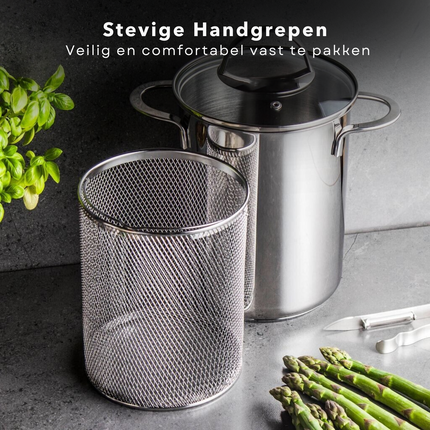 Cheqo® RVS Aspergepan - Pastakoker - Pan voor Asperges en Pasta - Met Glazen Deksel - Grote Kookpan 4.2L - Alle Warmtebronnen - Ook voor Inductie