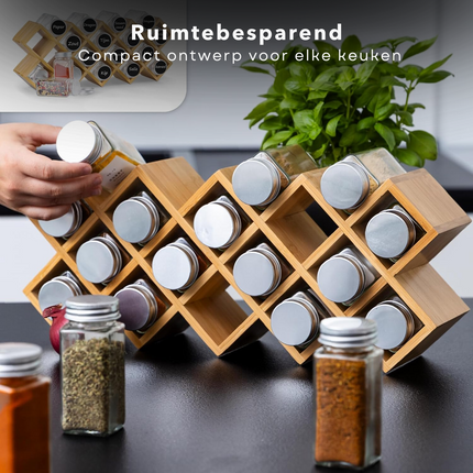 Cheqo® Bamboe Kruidenrek -  Kruidenpotjes Rek - Aanrecht Organizer - Kruidenrekje - 18 Glazen Potjes - Keukenorganizer met Labels en Stift
