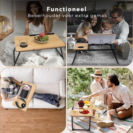 Cheqo® Verstelbare Laptoptafel - Ontbijt op Bed Tafel - Ontbijttafel - Laptopstandaard - Schoottafel - Opklapbare Bedtafel met Bekerhouder - MDF Walnoot