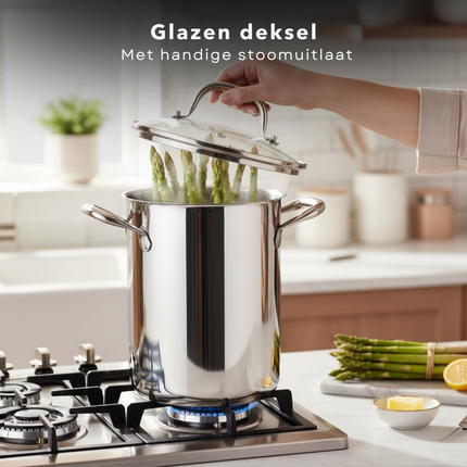 Cheqo® Aspergepan RVS - Pastapan - Glazen Deksel - Stoomuitlaat - Inzetmand - Vaatwasser Veilig - Geschikt Voor Inductie - Alle Warmtebronnen - Roestvrij Staal - 4.2 Liter Inhoud - 16 cm Diameter - 21 cm Hoog - Multifunctioneel Koken