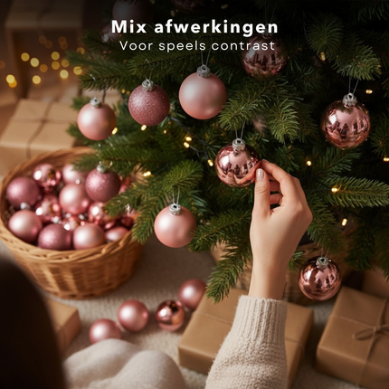 Cheqo® Kerstballen Set - Roze Kerstballen - Glazen Kerstballen - Kerstboom Decoratie - Chique Uitstraling - Feestelijke Kerstversiering - Ø7 cm Kerstballen - Matte Kerstballen - Glimmende Kerstballen - Glitter Kerstballen
