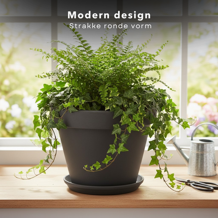 Cheqo® Bloempot Antraciet - Ronde Bloempot - Bloempot Rond - Bloempot Binnen - Bloempot Buiten - Bloempot Antraciet Rond - Bloempot 25 Cm - Bloempot Rond 25 Cm