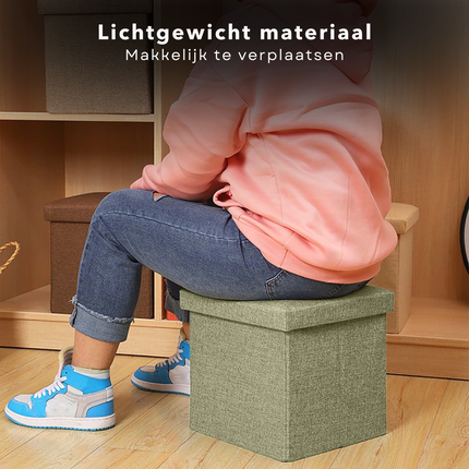 Cheqo® Opvouwbare Poef Met Opbergruimte - Groen - Opbergbox - Organizer - Voetenbankje - Hocker - MDF en Katoen